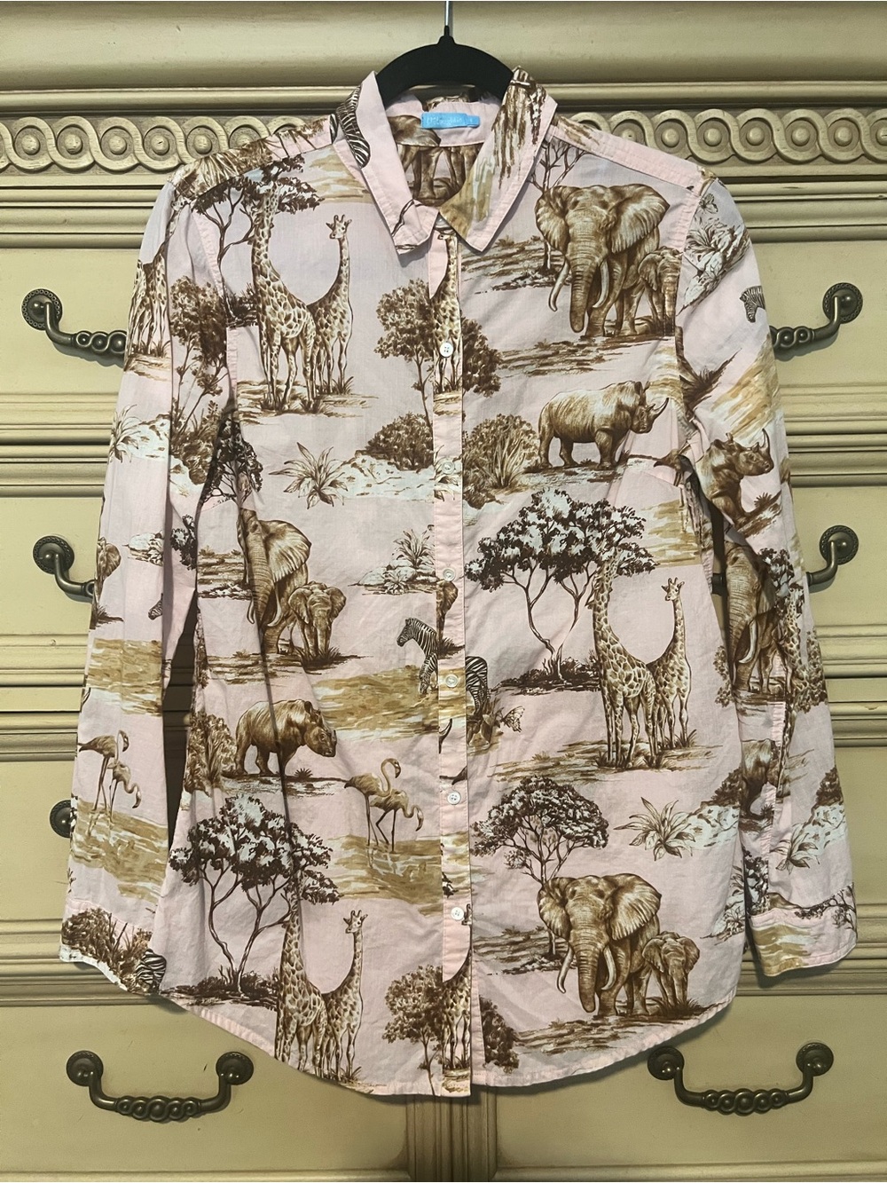 J McLaughlin Safari Giraffe Elephant Pink Brown Lios Button Down Shirt Small